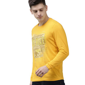 Men's Yellow <b>Long</b> Sleeve O-Neck Printed Casual <b>T</b>-<b>Shirt</b> Regular <b>Fit</b> Knitted Cotton Front Logo Pattern - Product Image 1