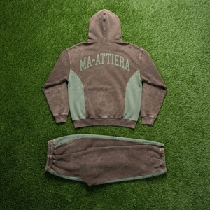 Conjunto Deportivo con Capucha para Hombre, Color Marrón y Verde, Estampado de Letras, Cierre Completo, Corte Holgado, Estilo Casual Otoñal, 100% Algodón Transpirable, Sudadera y Pantalones - Product Image 5