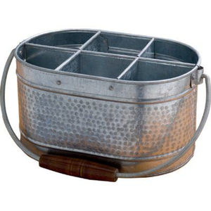 Porta cubiertos de hierro galvanizado, organizador de utensilios de metal ovalado con 6 compartimentos y mango de madera, estilo rústico portátil para casa de campo - Product Image 2