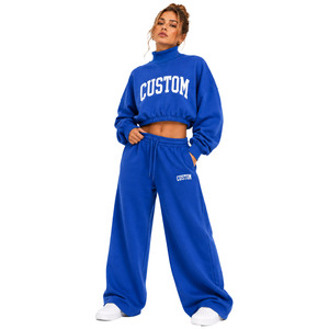 Oversized Relaxed Sporty Mock Neck <b>Cropped</b> Sweatshirt Tracksuit Custom Varsity Letter Heavyweight Fleece Blue Hoodies <b>Joggers</b> - Product Image 1