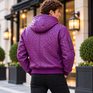 Blouson bomber à capuche en cuir d'autruche gaufré pour homme – Blouson matelassé en cuir texturé de luxe avec fermeture éclair - Product Image 5