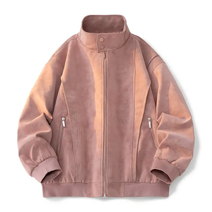 Women`s Pink PU Leather Bomber <b>Jacket</b> Stand Collar Zipper Closure Casual Streetwear Regular Fit Solid Color <b>Suede</b> Style <b>Jackets</b> - Product Image 1