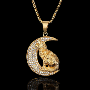 Collar con Colgante de Lobo Uluglialtezando en la Luna, Personalizado |   Colgante de Lobo en Plata de Ley 925 Chapado en Oro con Circonitas |   Joyería de Animales Estilo Hip Hop - Product Image 4