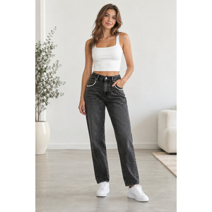 Jeans de Mujer de Cintura Alta Estilo Boyfriend con Adorno de Perlas en el Bolsillo - Negro Lavado, Tallas XS-6XL - Product Image 5