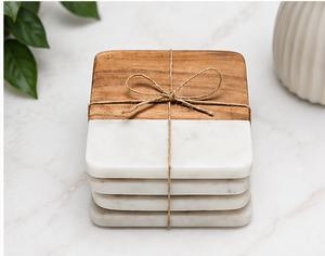 Wood and <b>Marble</b> <b>Coaster</b> Set Handmade Eco Friendly Drink <b>Coasters</b> Round and Square Table Mats - Product Image 2
