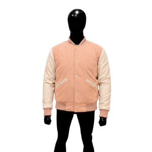 Veste universitaire en laine rose pêche personnalisée avec manches blanches crème pour hommes, vente en gros de vestes de baseball de qualité supérieure - Product Image 1
