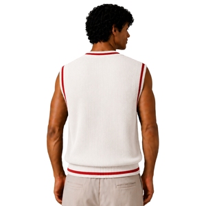 <b>Mens</b> <b>White</b> With Red Contrast Stripe Summer Knit Sweater <b>Vest</b> V Neck Sleeveless Pullover Custom Logo Wool Acrylic OEM Wholesale - Product Image 2