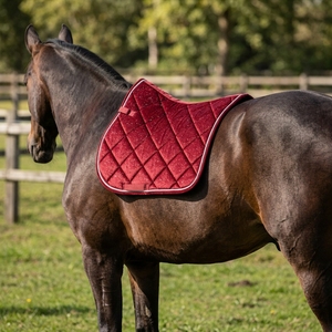 Tapis de selle d'obstacle matelassé rouge avec garniture argentée, coque en coton, doublure en polaire, rembourrage en polyester, sangle de selle incluse pour l'équitation - Product Image 2