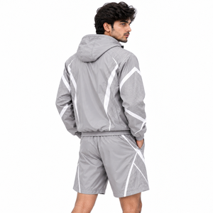 Men Lightweight Windbreaker Panel Hoodies <b>White</b> <b>Zip</b> <b>Up</b> Custom Logo Reflective 100% Nylon Track Shorts Set Windproof Outdoor USA - Product Image 3