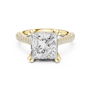 Bague de fiançailles en or jaune avec diamant de laboratoire, solitaire taille princesse avec bande pavée de diamants, bague de mariage de luxe, cadeau élégant - Product Image 2
