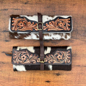 Organisateur de bijoux personnalisable en cuir repoussé à la main en cuir de vachette occidentale pliable porte-rouleau et étui de voyage rangement de bijoux - Product Image 4