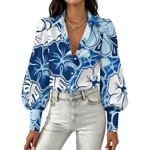 Customdesigned Casual Party Vintage <b>Hawaiian</b> Tropical Hibiscus Leaf Print Ladies Blouse Turn Collar Balloon Long Sleeve Button - Product Image 4