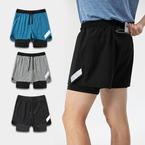 Mens Quick Dry Breathable Running Shorts <b>Layered</b> <b>Mid</b> Waist Elastic Waist Front Logo Reflective Pocket Gym Training Shorts - Product Image 5