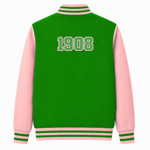 Veste universitaire personnalisée Alpha Kapa Alpha Sorority, verte et rose, manches longues, fermeture éclair sur le devant, col à bandes, logo brodé, coton - Product Image 3
