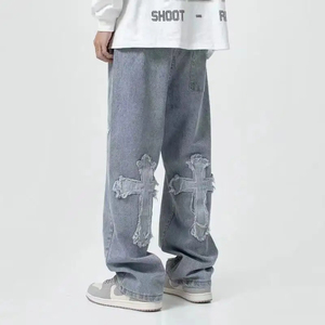 Pantalones Vaqueros Anchos con Parches Cruzados Desgastados, Cintura Media, Corte Holgado, Estilo Hip Hop, Color Sólido, Largos, de Algodón, para Streetwear - Product Image 1