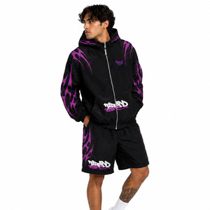Trendy Custom Men's Printed Nylon Windbreaker Shorts Tracksuit Hooded <b>Jacket</b> Streetwear Two Piece Embroidery Patch Nylon Hoodies - Product Image 2