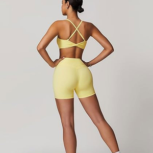 Conjunto de Yoga de 2 Piezas para Mujer, Amarillo, Cintura Alta, Top Corto sin Costuras, Pantalones Cortos Transpirables de Spandex y Poliéster, Ropa Deportiva - Product Image 3