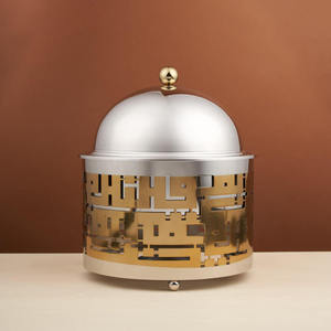 Calentador de Buffet de Lujo Redondo de Acero Inoxidable Bicolor con Caligrafía Árabe Kufic Recortada y Tapa de Cúpula, Individual - Product Image 3