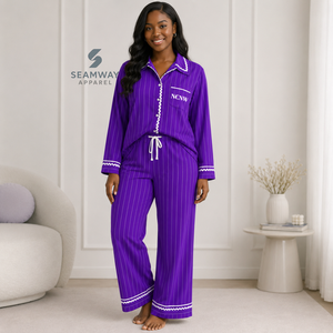 NCNW Sorority Women's Striped Pajama Set Button Front Long Sleeve Sleepwear Contrast Trim Lounge <b>PJs</b> With Drawstring Pants - Product Image 6