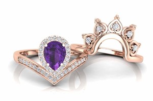 Bague Toi et Moi en Améthyste Forme Poire, Plaqué Or Rose, Motif Floral Feuille de Vigne, Vente en Gros, Ensemble de Bagues de Mariage en Améthyste Taillée Poire, Bijoux Fins - Product Image 4