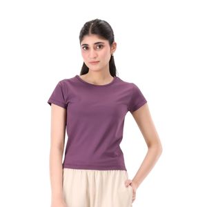 Camiseta Morada de Manga Corta para Mujer, Cuello Redondo, Ajustada, Informal, Básica, Lisa, de Color Sólido, para Uso Diario, Verano, Personalizable, Venta al Por Mayor - Product Image 1