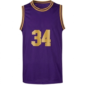 Camiseta de baloncesto morada con número 34 dorado, camiseta sin mangas de malla sublimada, unisex, transpirable, sin mangas, cuello redondo - Product Image 3