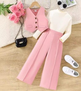 Ensembles de vêtements pour enfants style Western vintage, joli ensemble de mode pour filles, manches courtes, service ODM, pantalon ample à jambes larges - Product Image 3