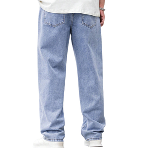 Mens <b>Light</b> Blue Stone Wash Baggy Straight Leg Denim Jeans Loose Fit Casual Wide Leg Full Length Cotton Pants Breathable Durable - Product Image 2