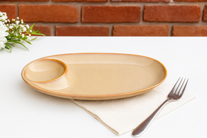 Cream <b>Ceramic</b> Serving <b>Plate</b> with Sauce Compartment Modern Oval Snack <b>Plate</b> with Dip Bowl Beige Oval <b>Ceramic</b> Appetizer <b>Plate</b> - Product Image 2