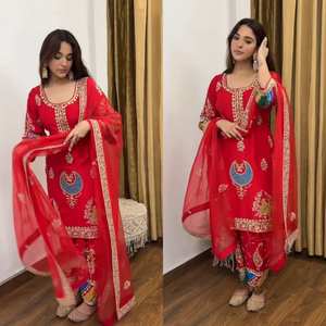 Ensemble de costume en soie crêpe naturelle lourde avec broderie de sequins de 5 mm et dupatta en tulle, tenue de soirée ethnique entièrement cousue pour femme - Product Image 2