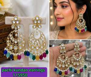 Pendientes de Moda de Alta Calidad, Estilo Étnico Tradicional, Chapados en Oro, con Piedras y Perlas, Diseño Paisley Kundan para Mujer - Product Image 3
