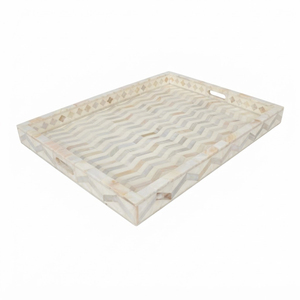 Juego de bandejas redondas de lujo con incrustaciones de nácar, bandejas nido para mesa de centro con mosaico de concha natural y asas, lo último en bandejas de servicio. - Product Image 4