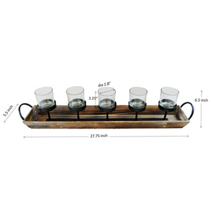 Porte-bougie rustique 5 tasses sur plateau en bois vieilli avec poignée, bougies votives en verre et accents en fer, parfait pour la décoration intérieure - Product Image 5