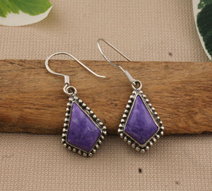 Boucles d'oreilles pendantes en Charoïte naturelle, argent sterling 925, pierre précieuse violette rare en forme de tourbillon, sertie clos, bijoux fins de luxe en forme de goutte d'eau, vente en gros - Product Image 1