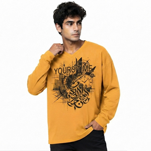 T-shirt décontracté à manches longues et col en V en coton imprimé pour homme – Coupe ample respirante style urbain – Personnalisable - Product Image 1