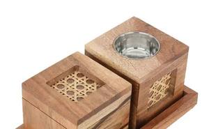 Ensemble de brûleurs d'encens en bois et rotin, luxe, en bois de manguier, encensoir Bakhoor avec incrustation en cannage tressé, boîte de rangement et plateau assortis - Product Image 4