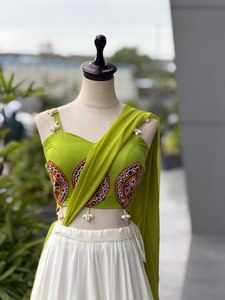Designer Pure Rayon Fabric With Contrast Panel Design Adorned With Gota Patti Lace And Pearls & <b>Shell</b> Tassels Nvaratri Lehenga - Product Image 6