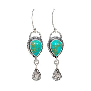 Boucles d'oreilles en pierre précieuse turquoise verte en forme de poire, en argent sterling 925, style vintage, bijoux faits à la main, cadeau pour femmes - Product Image 2