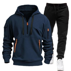 Men's Navy Blue Hooded Tracksuit <b>Set</b> Polyester Cotton Full Sleeve Solid Color Casual Zip Neck With Side Pockets Breathable OEM - Product Image 1