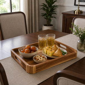 Premium Acacia Wood Serving Tray with Handles | Rectangle Wooden Breakfast Tray for Home Hotel Restaurant Kitchen Coffee <b>Table</b> - Product Image 2