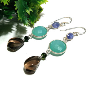 Pendientes Colgantes Ovalados de Piedra Natural Calcedonia Acuática, Cuarzo Ahumado y Tanzanita, Plata de Ley 925, Hechos a Mano, Unisex, Venta al Por Mayor - Product Image 6