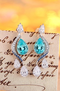 Boucles d'oreilles romantiques en diamant taille poire avec pierres latérales en saphir bleu, bijoux de mariage en argent pour femme - Product Image 5