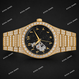 Reloj de pulsera automático de lujo con esfera de números arábigos y diseño de esqueleto con incrustaciones de oro. - Product Image 2