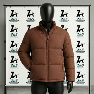 Men's Brown Canvas Puffer <b>Jacket</b> Windproof Zipper Closure Winter Coat Solid Color Thick Stand Collar Regular Fit Front Logo - Product Image 3