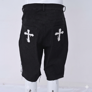 Men’s Black Denim Shorts Rhinestone Cross Design Flame Hem Distressed embriodry logo Streetwear <b>Hip</b> Hop Jean Shorts <b>for</b> women - Product Image 2