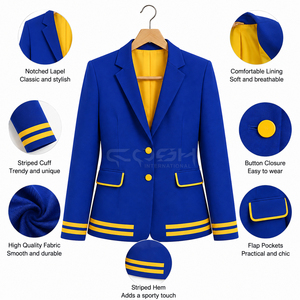 Blazer bleu roi Cosh International Sorority Sisterhood avec bordure jaune, prêt à être expédié, en coton biologique, pour femme de bureau, veste formelle. - Product Image 6