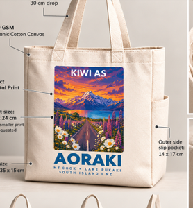 Bolsa de lona con estampado gráfico de viaje de Nueva Zelanda, Kiwi como Aoraki Mt Cook, con bolsillo lateral - Product Image 3