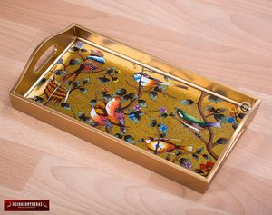 Plateau de service en bois de style Pichwai traditionnel, plateau décoratif vintage à motifs floraux pour table basse, plateau artisanal en bois - Product Image 3