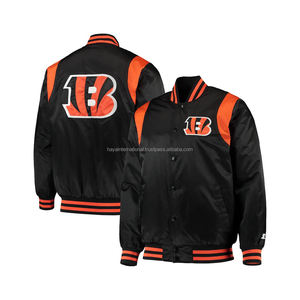 Black Orange Satin Bomber Varsity Jacket with Stand Collar Front/<b>Back</b> Embroidered Alphabet <b>Patch</b> Eco-Friendly - Product Image 1