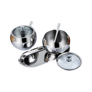 Ensemble de pots à épices en acier inoxydable avec couvercles en verre et cuillères, récipients à condiments ronds sur plateau - Product Image 1